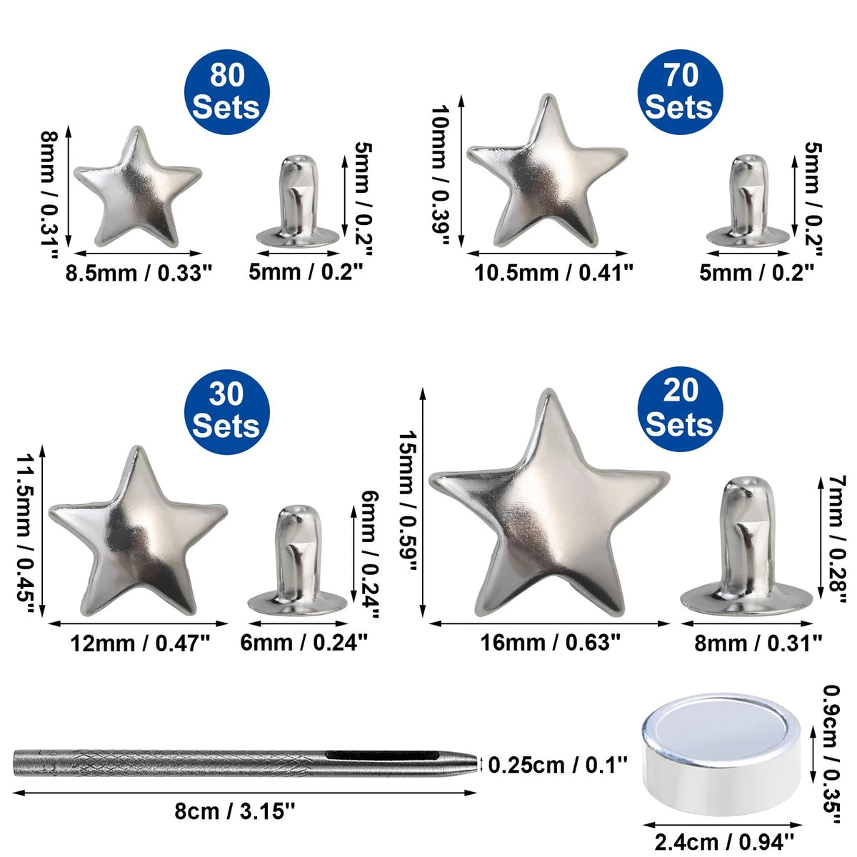 YORANYO 200 Sets Leather Rivets Kit Mixed Sizes for Star - Silver