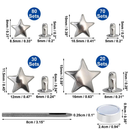 YORANYO 200 Sets Leather Rivets Kit Mixed Sizes for Star - Silver