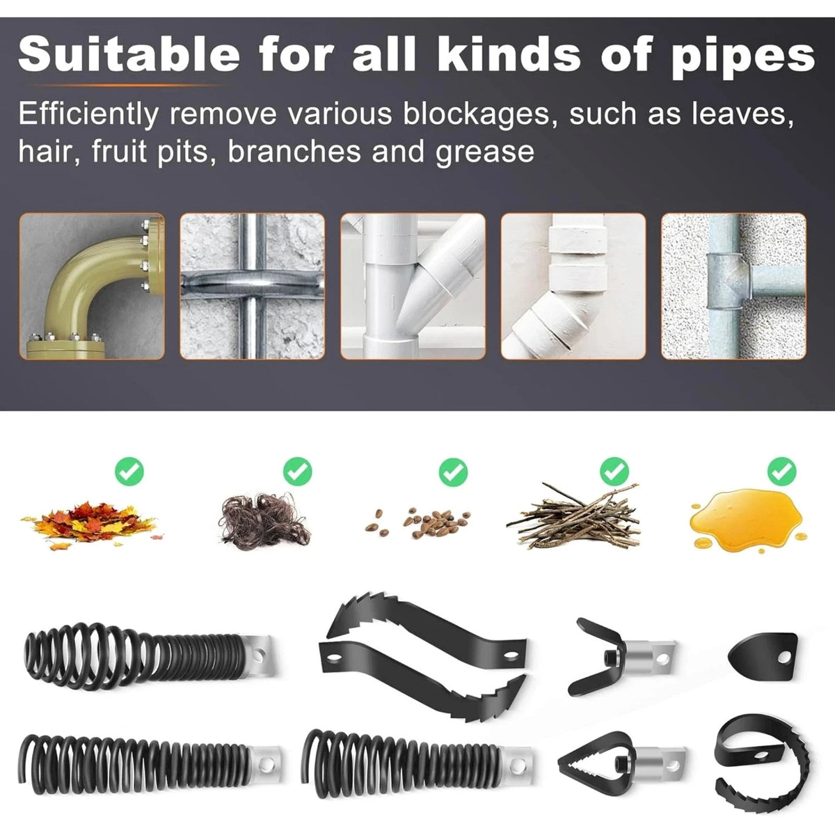 8PCS Steel Drain Snake Drill Bits Professional Pipe Cleaner Cutter Attachments