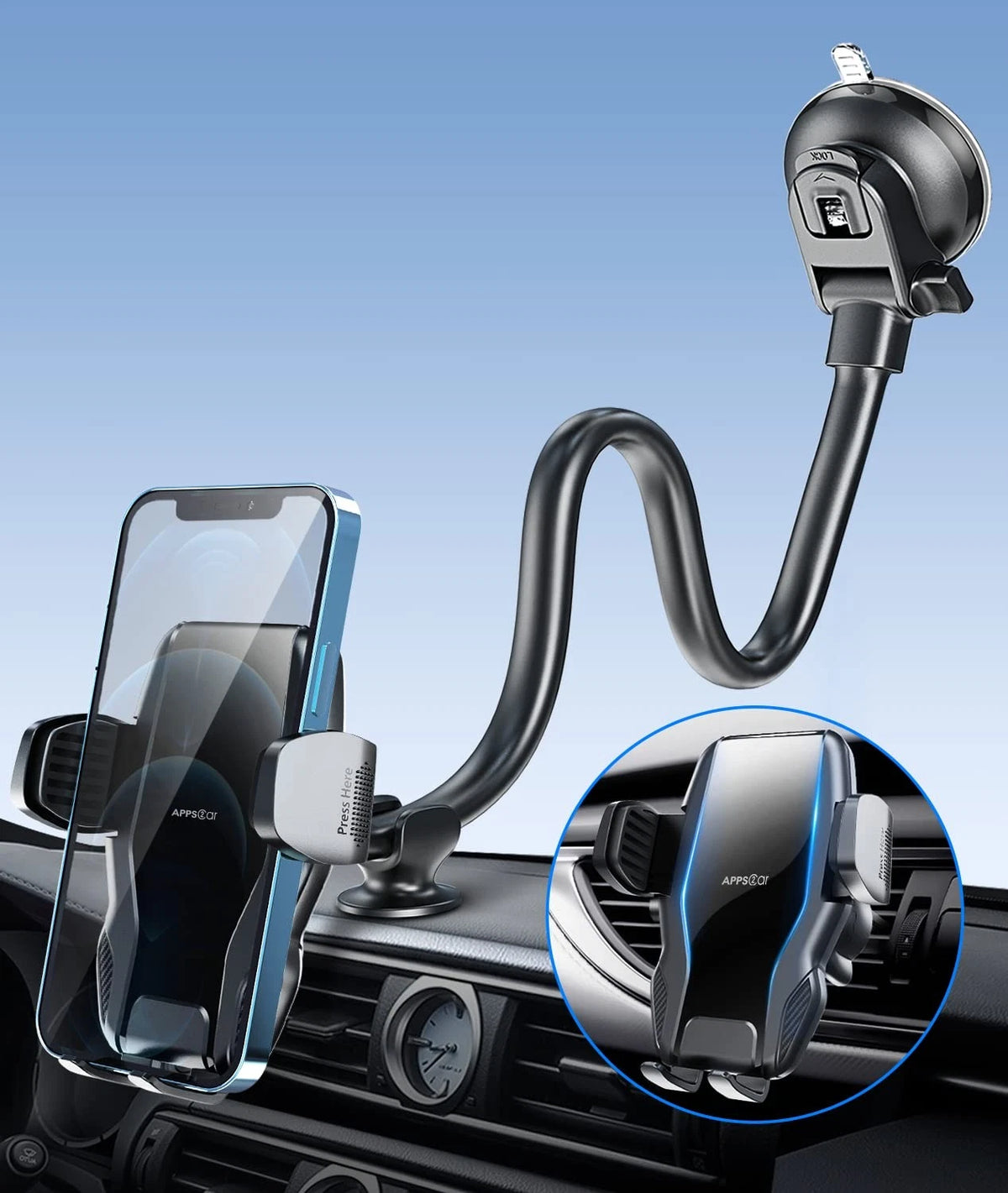 APPS2Car 13" Gooseneck Phone Mount for Car Windshield 13 inches Arm, Black