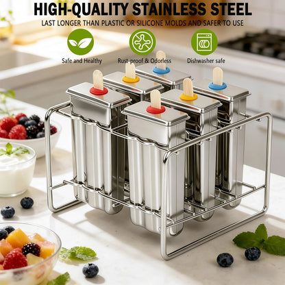 Popsicle Molds Set 6 Pieces Stainless Steel Ice 6.9in x 4.4in x 6.7in, Silver