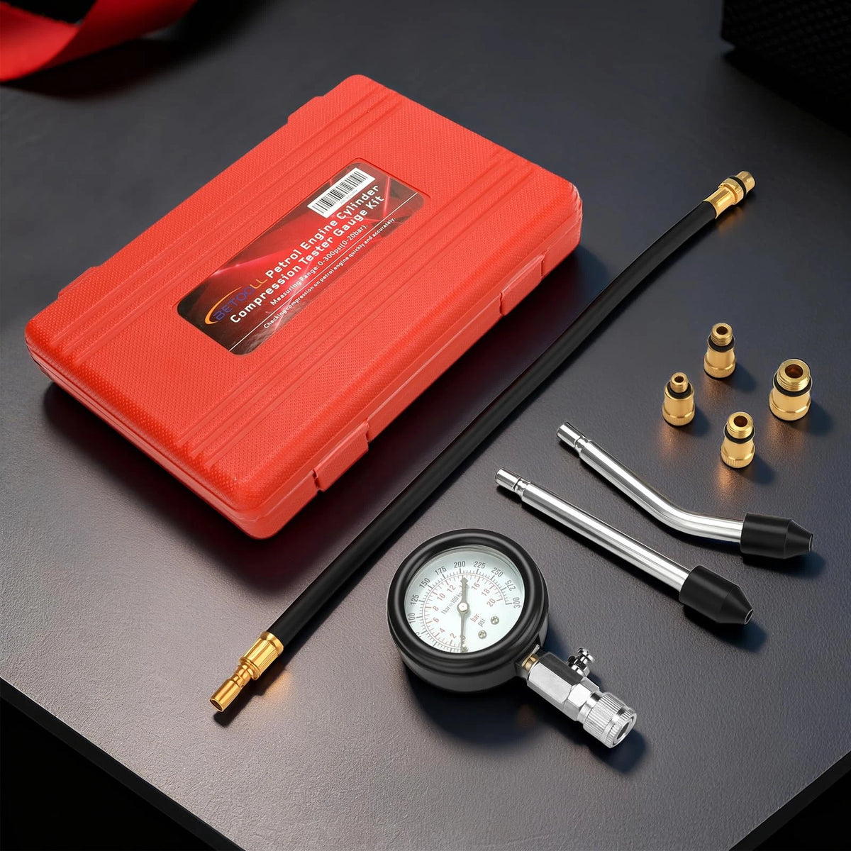 BETOOLL HW0130 8pcs Petrol Engine Cylinder Compression Tester Kit Small, Red