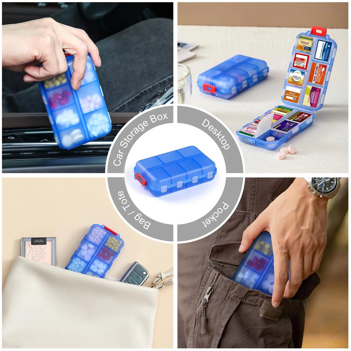 14 Grids Travel Pill Organizer Box with Bulk Med Labels, Clear-blue