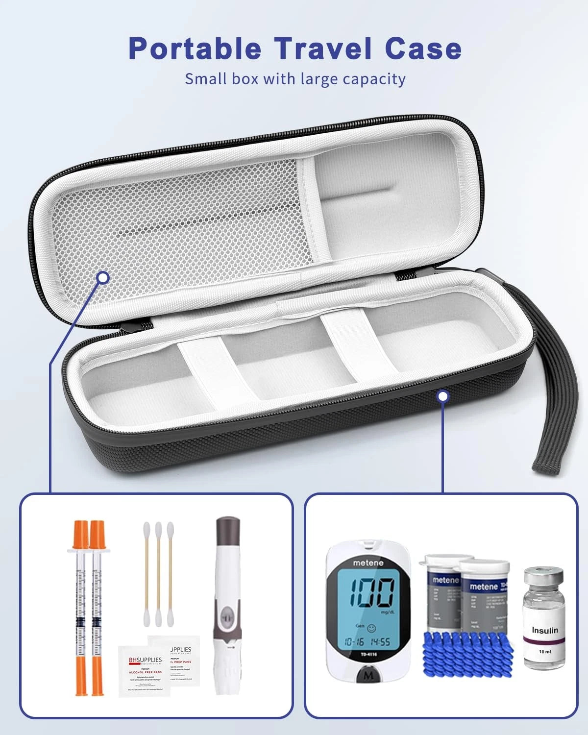 Krypthos Diabetes Supply Case, Hard Travel Carrying Case for Blood Black