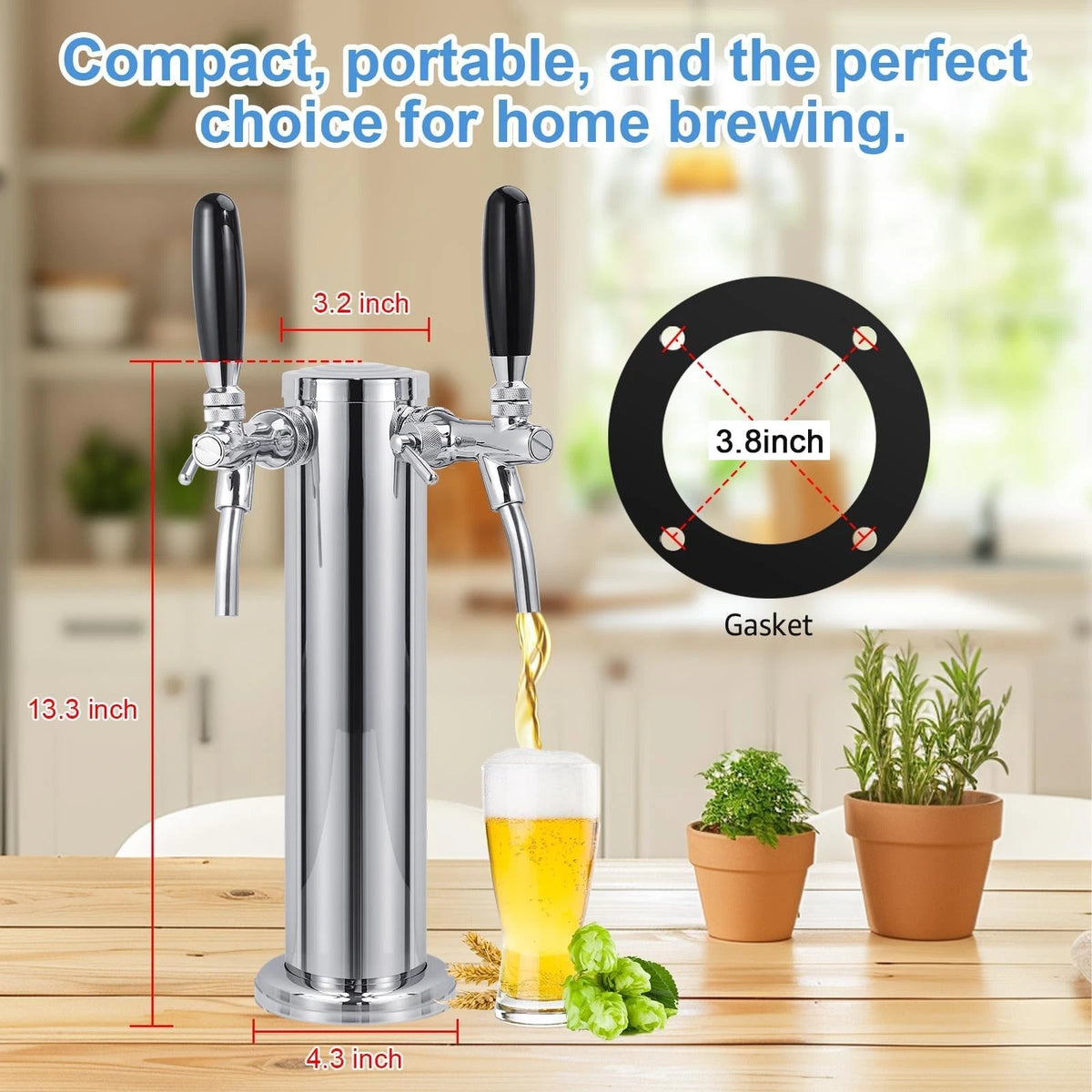 Adjustable Dual Tap Kegerator Tower Draft Beer 3 beer tap tower, Silver