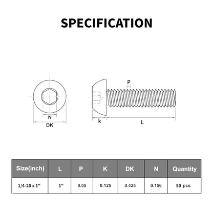 50Pcs 1/4-20 x 1 Button Head Socket Cap Bolts Screws,304 Stainless Black
