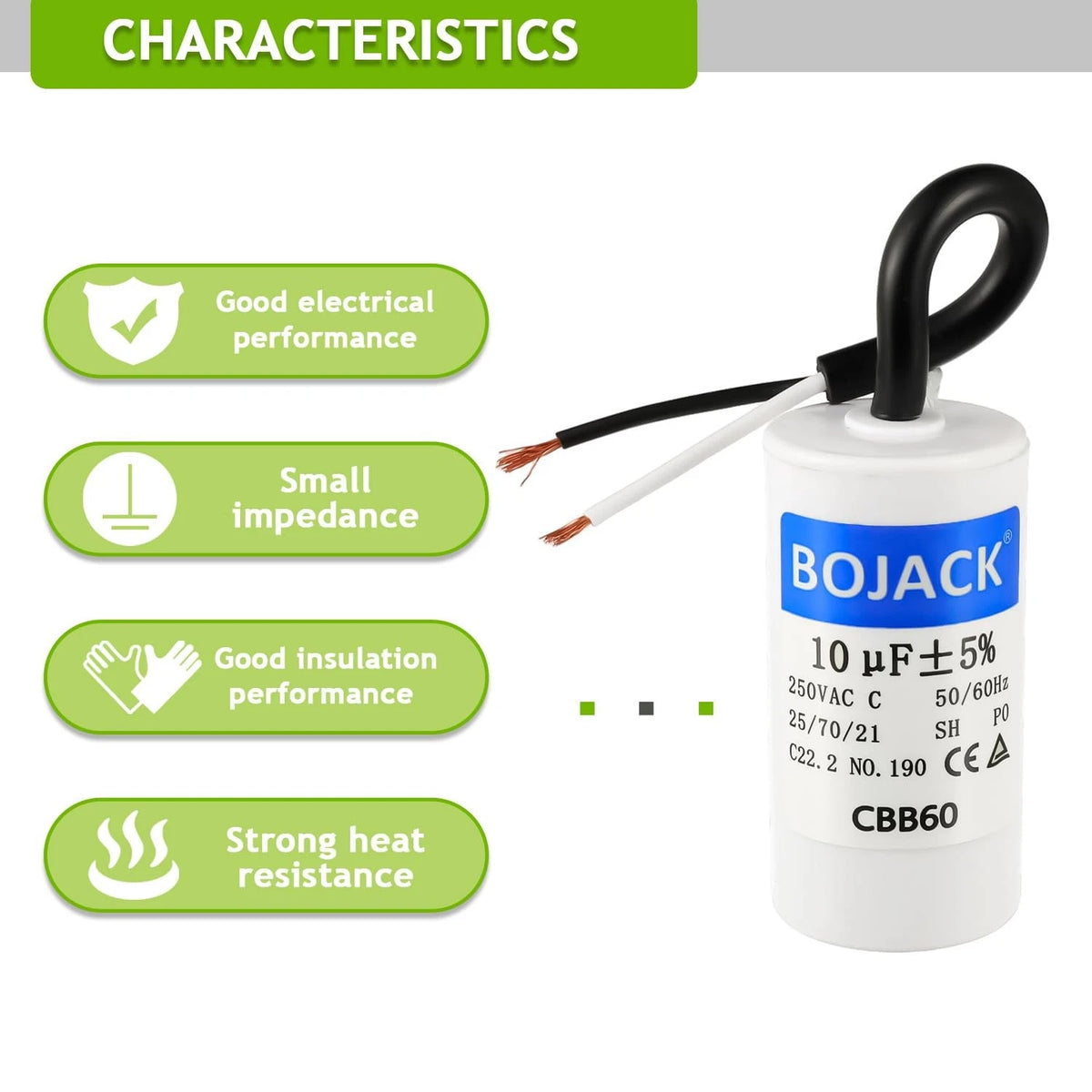 BOJACK Run Capacitor 10 uF MFD 250V AC 10 CBB60 2 Wire 50/60Hz Cylinder...