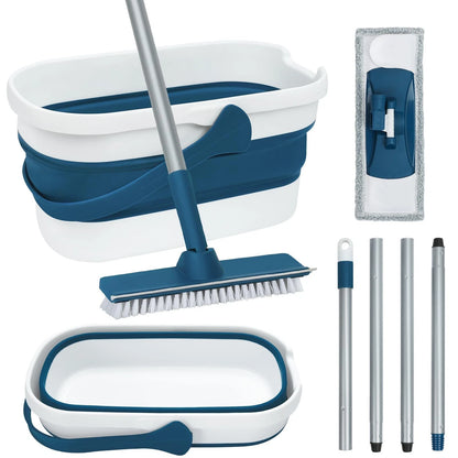 Collapsible Mop and Bucket Set with Scrub 52 inch long handle, Blue White