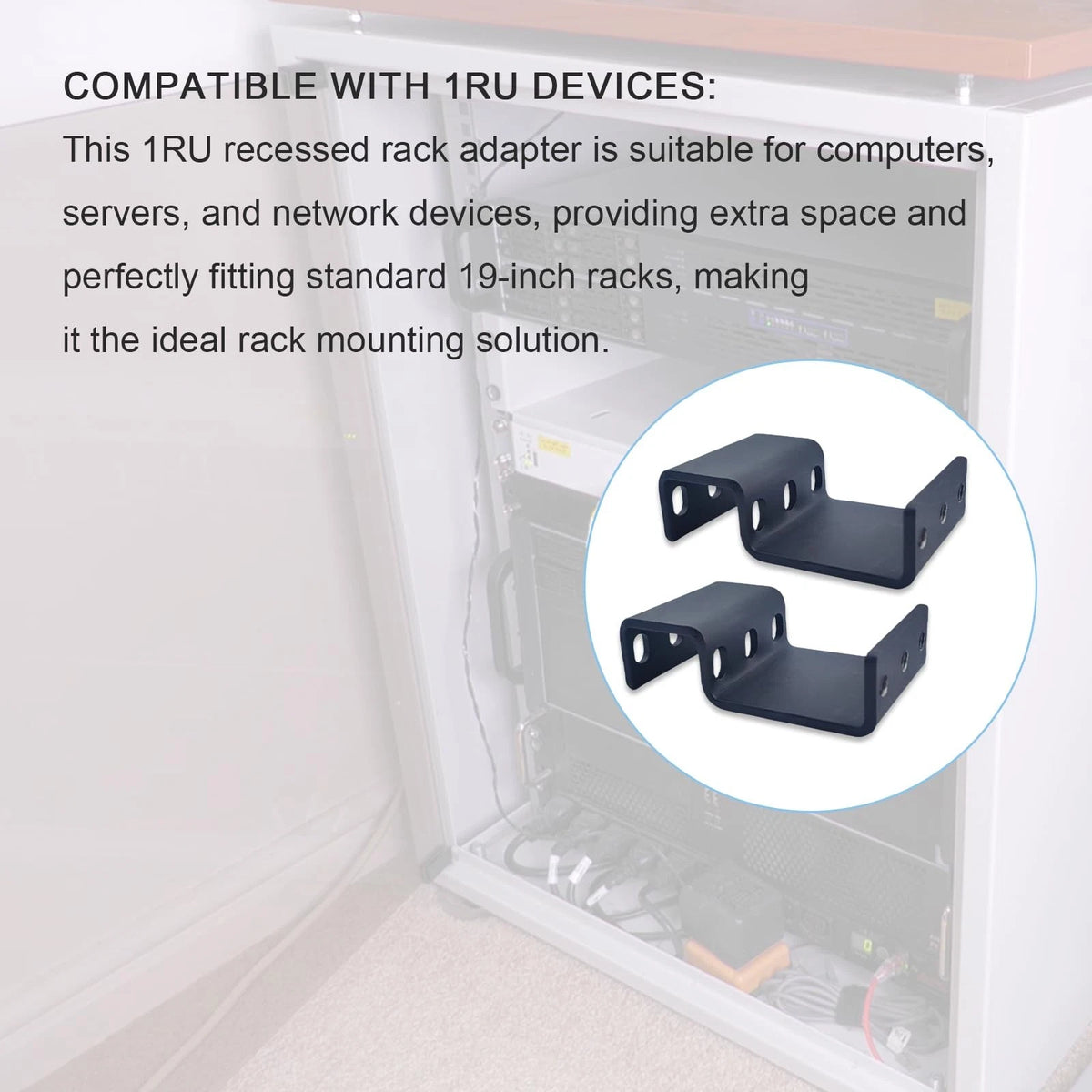 Compatible 1RU Recessed Rack Adapter-for 1.75" H x 19" W x ? D, black