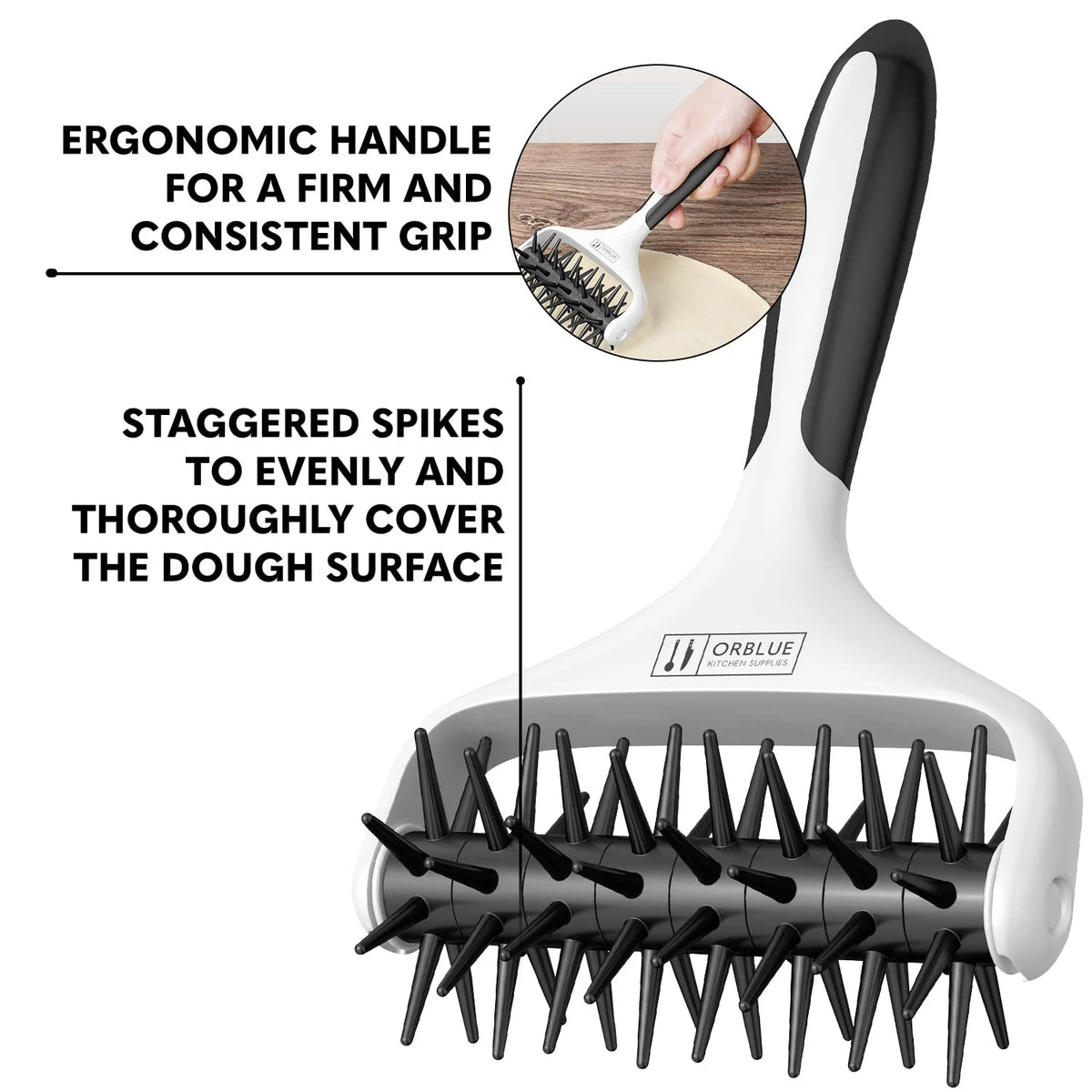 Orblue Pizza Dough Docker Pastry Roller with Spikes, Docking L, Black