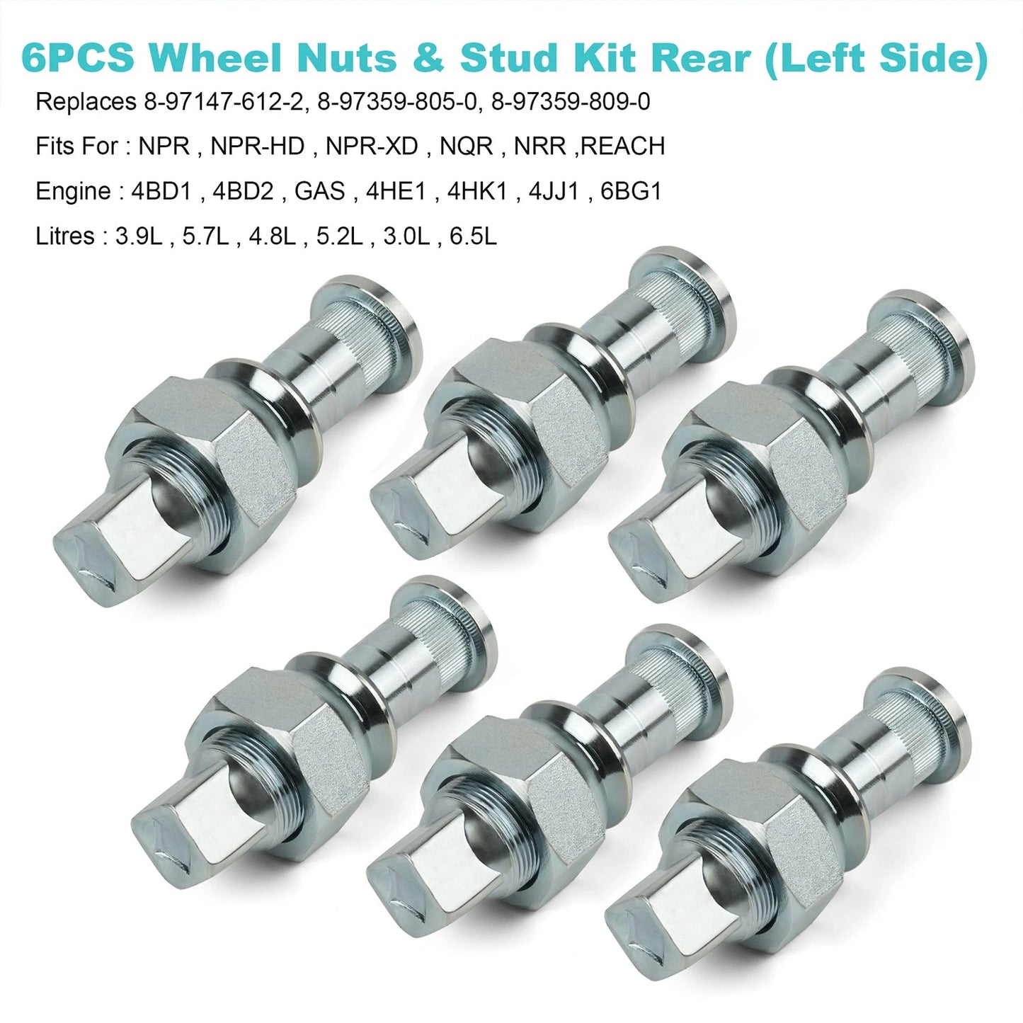 QTY 6-Wheel Nuts & Stud Kit Rear (LH) for ISUZU NPR NPR-HD NQR NRR 8-97147-614-2