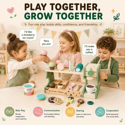 Wooden Ice Cream Shop & Kids Coffee Maker Playset - child-size, Pastel Green
