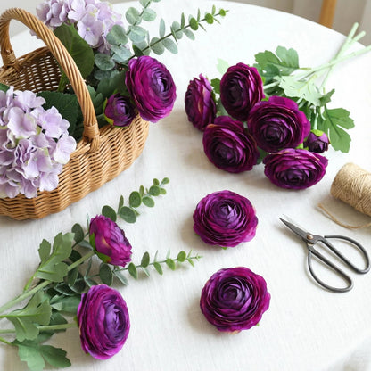 Artificial Ranunculus Flowers with Real Touch Stem,Silk 6, Purple