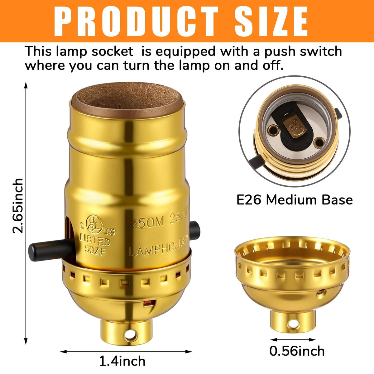 Saysurey 2 Pack UL Listed Lamp Socket with Push On/Off, E26 Threaded Gold