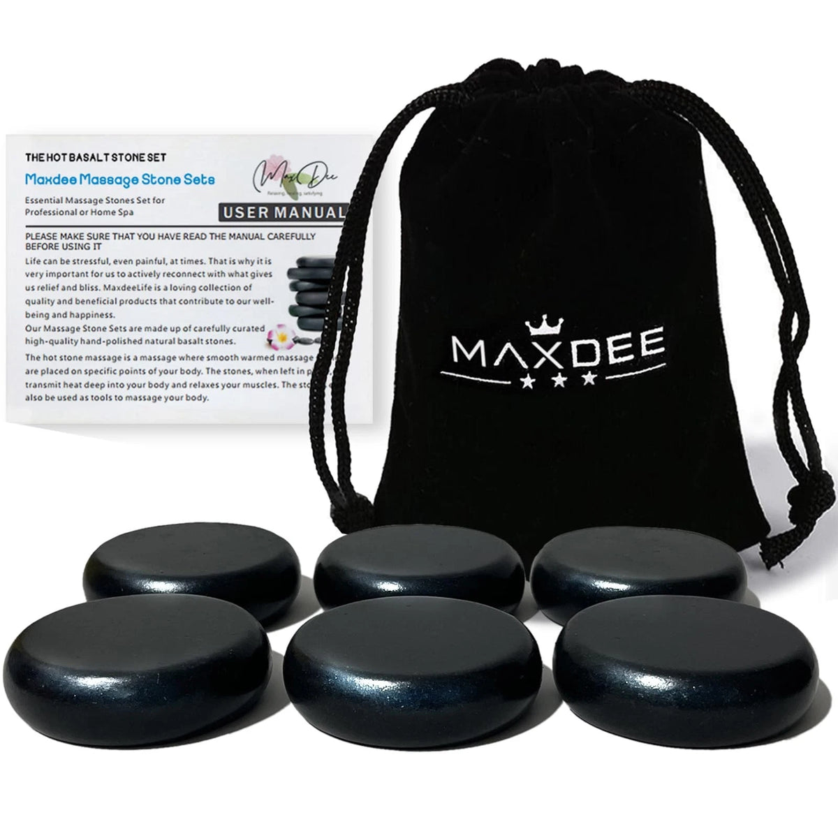 Maxdee Massage Stones Essential Hot for 6 PCS - 2.4 x Inch, Black