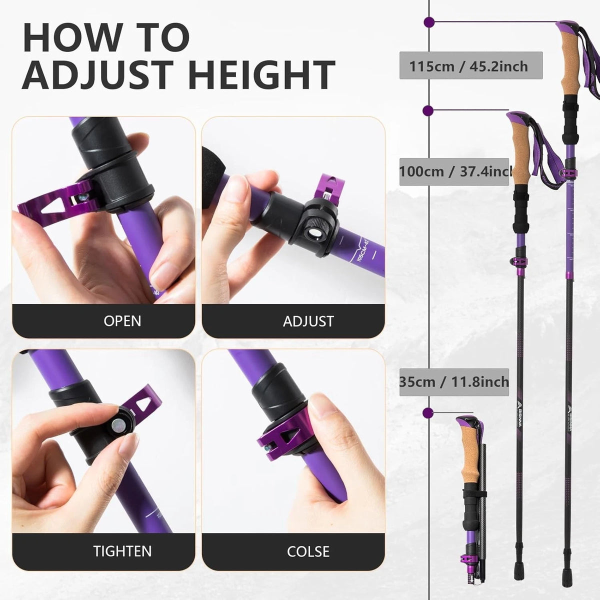 BISINNA Carbon Fiber Trekking Poles Collapsible Hiking 100-115, Purple