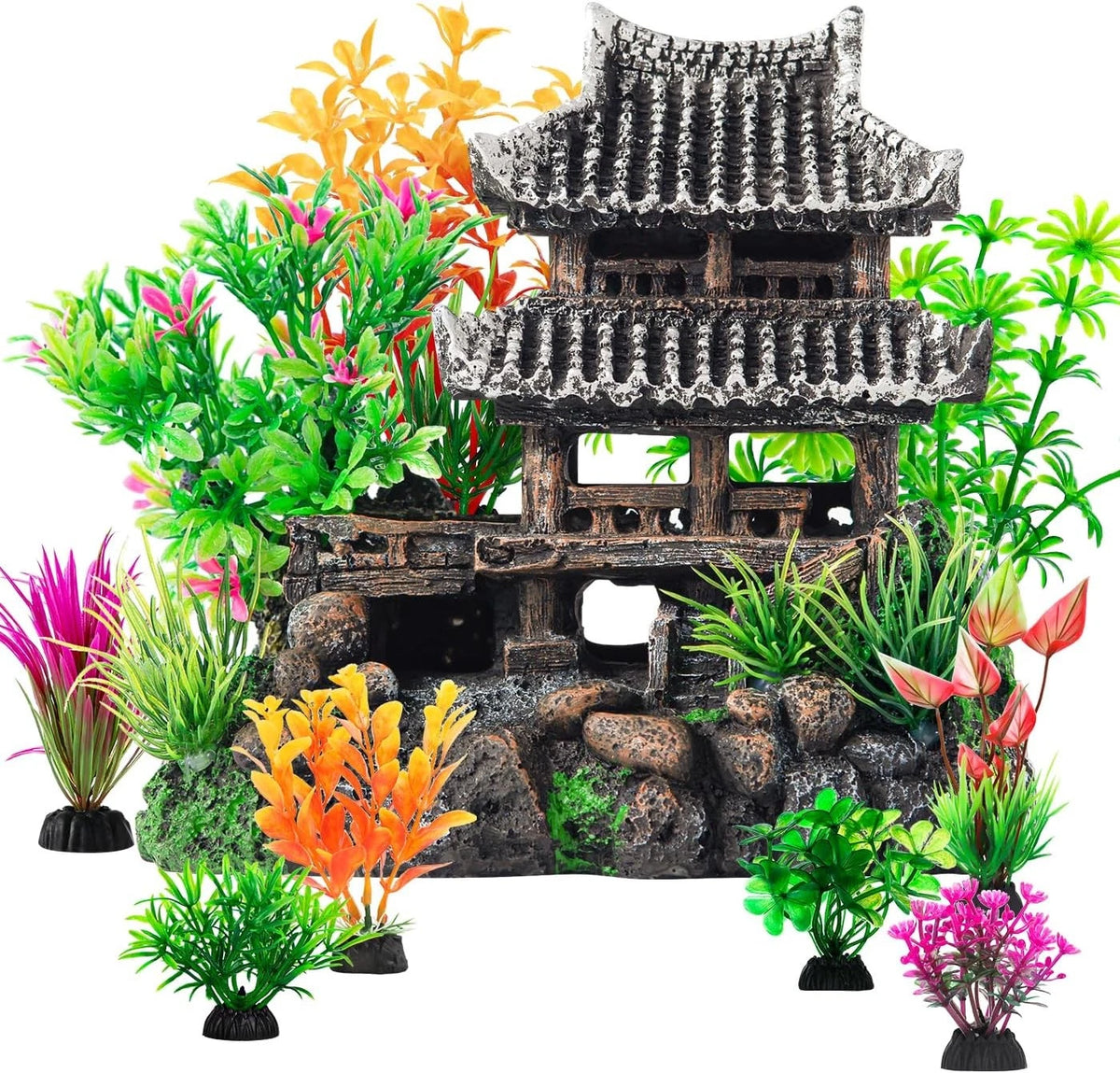 CousDUoBe 9Pcs Resin Castle Decorations Set，Realistic Fish Tank Gray