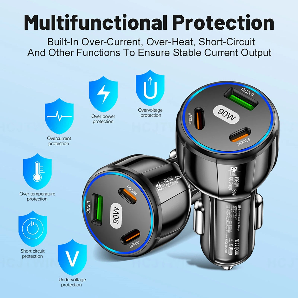 3 Port 90W Car Charger PD 30W QC3.0 Type C Cigarette Lighter USB Charger