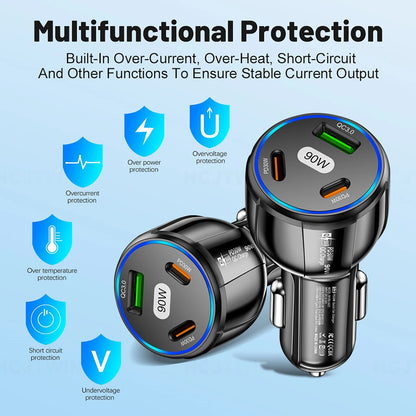 3 Port 90W Car Charger PD 30W QC3.0 Type C Cigarette Lighter USB Charger