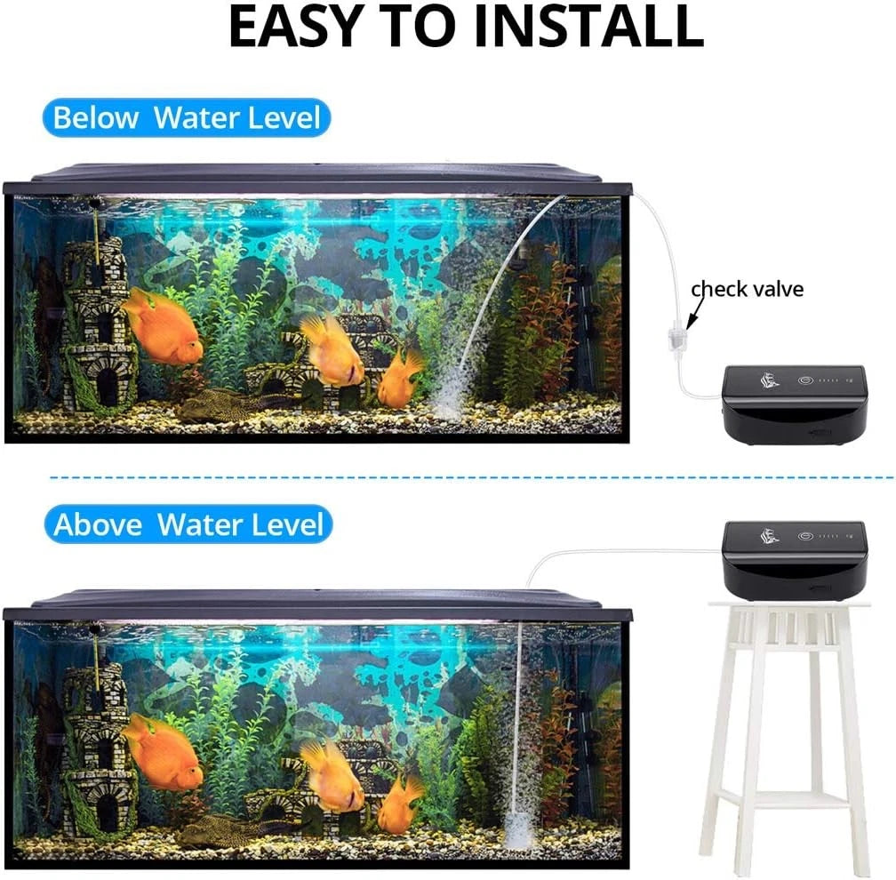 AQQA Aquarium Air Pump, Battery Rechargeable 1.7 W for 1-100Gal tank, Black