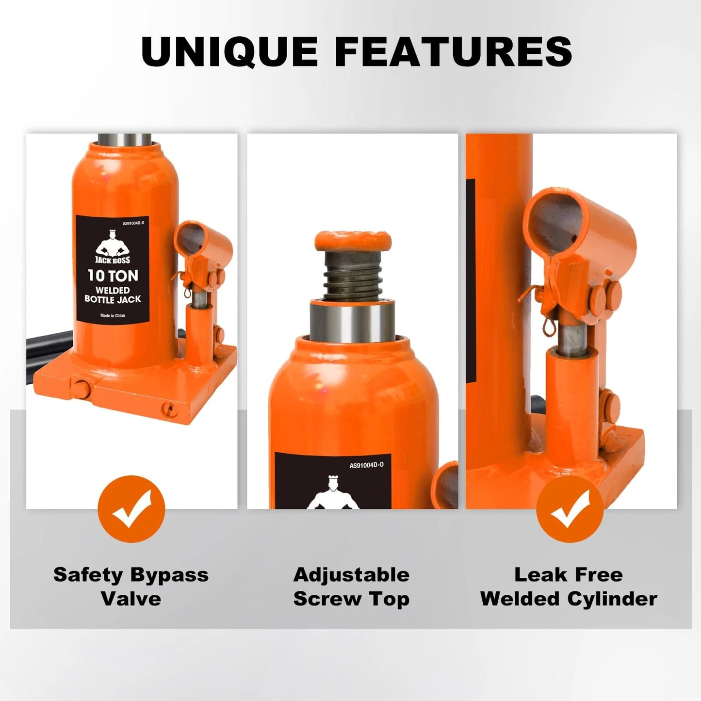 Jack Boss Bottle 10 Ton (20,000 LBs) Hydraulic Car Jack, 10 TON, Orange