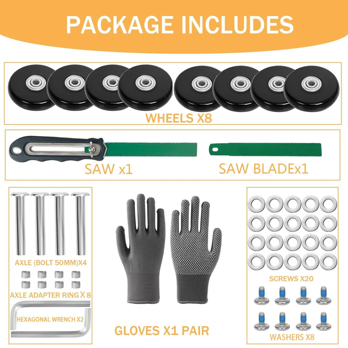 Luggage Replacement Wheels Set 8Pcs 2.36"x0.55"(60mm x14mm) with Saw Black