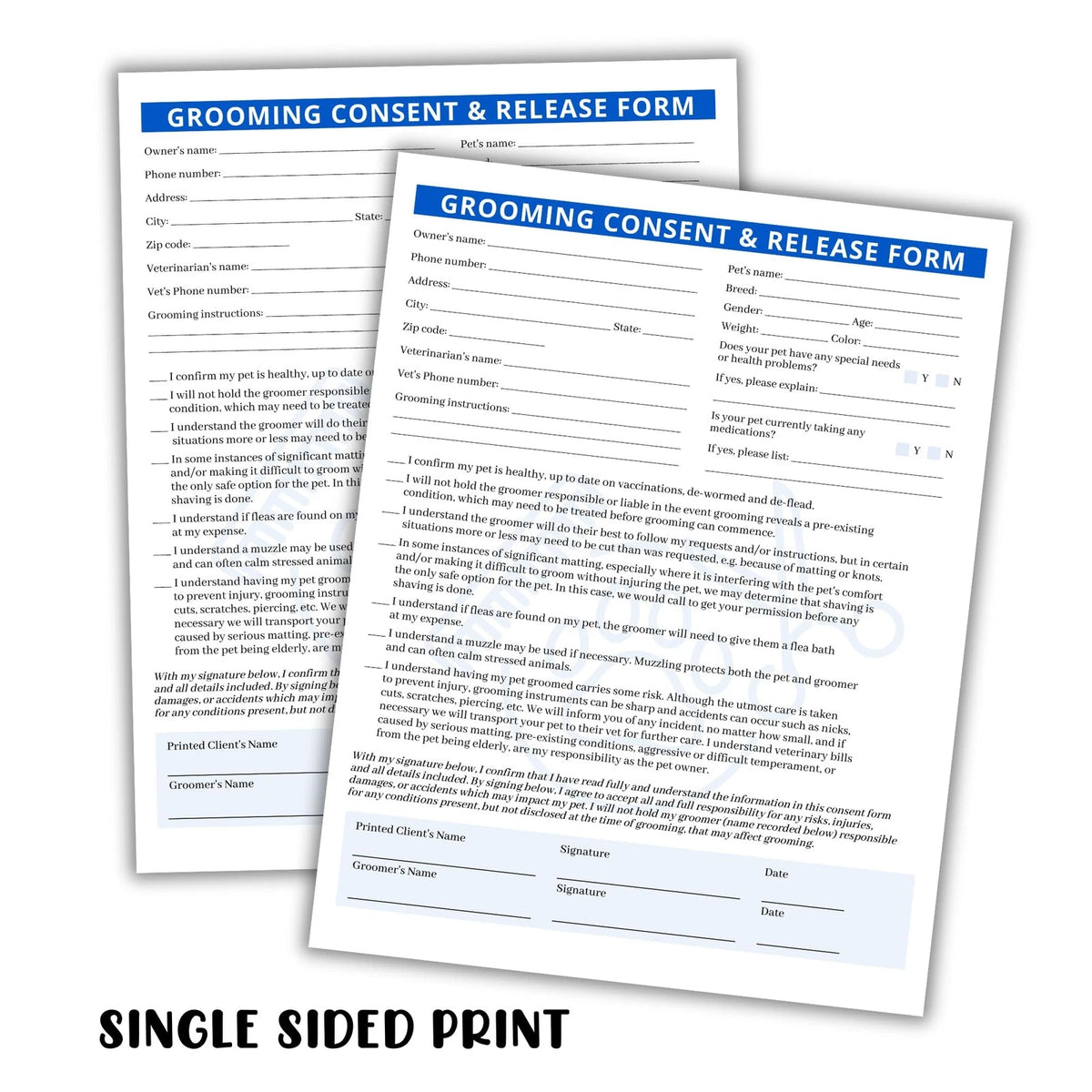 Pet Grooming Intake, Consent & Release Form | 50 Pack 8.5x11 inches, Blue