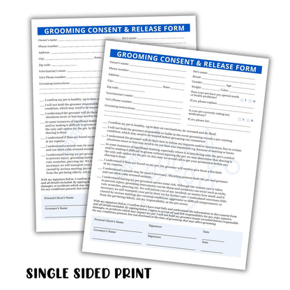 Pet Grooming Intake, Consent & Release Form | 50 Pack 8.5x11 inches, Blue