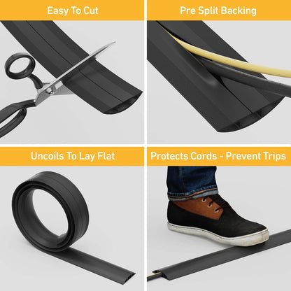 D-Line 6ft Floor Cord Cover, Cable Protector, Hide Extension 6 Feet, Black