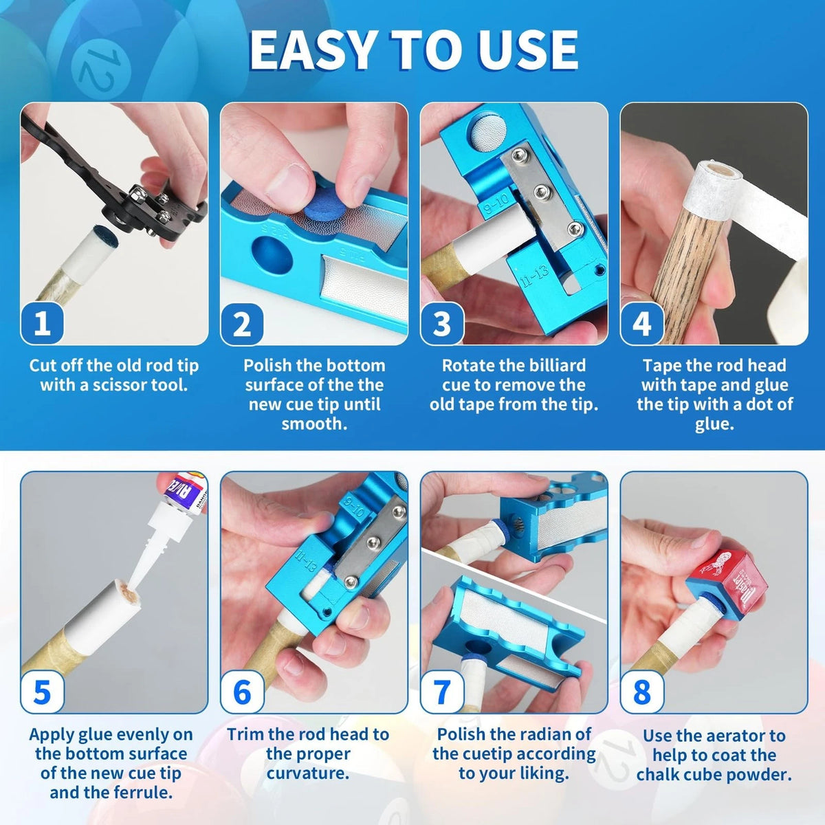 Northlet Pool Cue Tip Shaper, cue Tips Replacement kit, Billiards blue