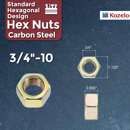 Kozelo 10pcs Hex Nuts - [3/4"-10] Carbon Steel Grade 8 Hardware 3/4"-10