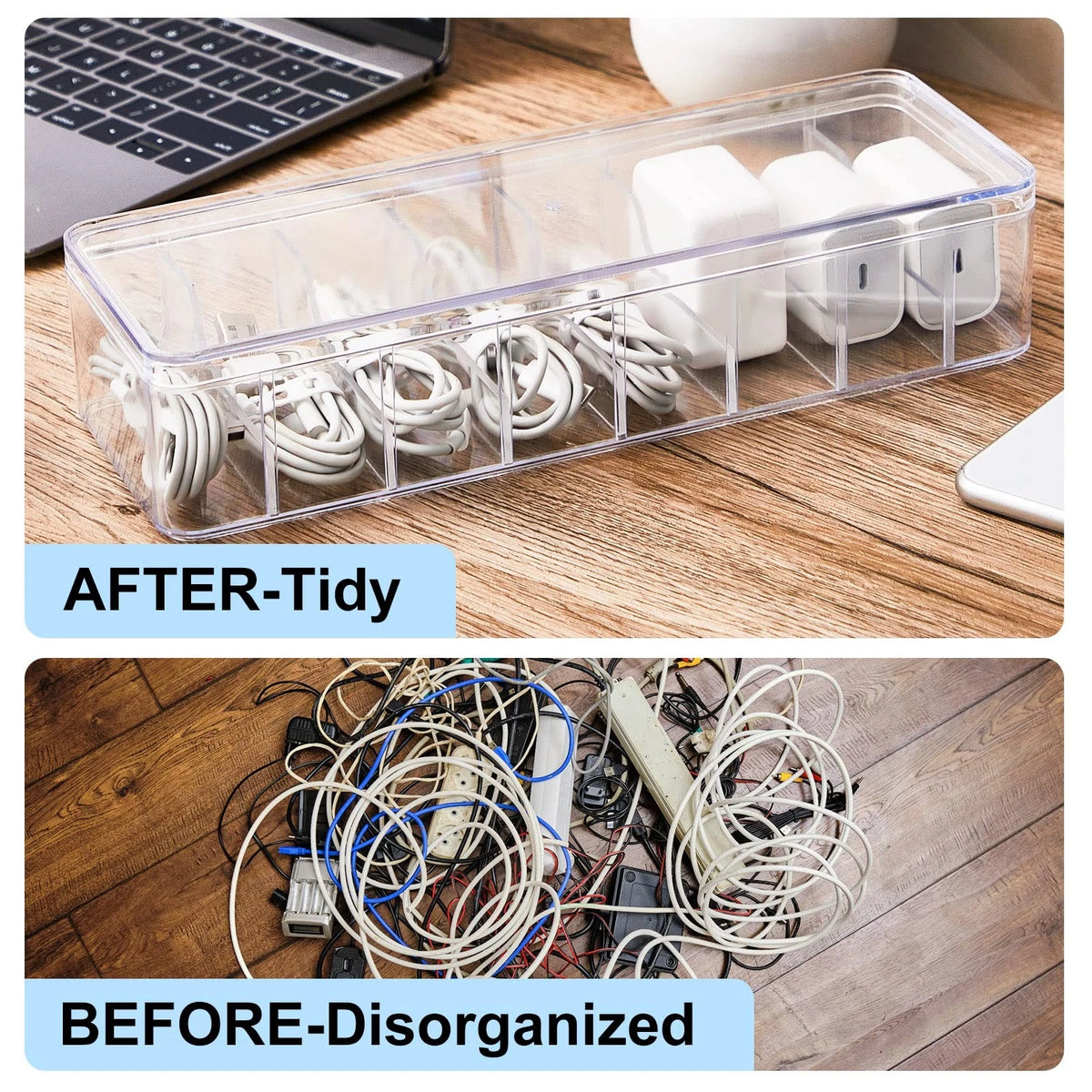 Tatuo 1 Pcs Cable Organizer Box with Wire 10.79'' X 3.78'' X 1.97'', Clear