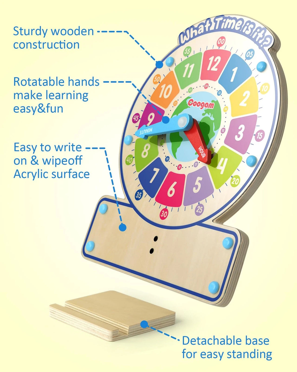 Coogam Wooden Clock Teaching Time Toy, Analog Medium, Red, Green, Blue