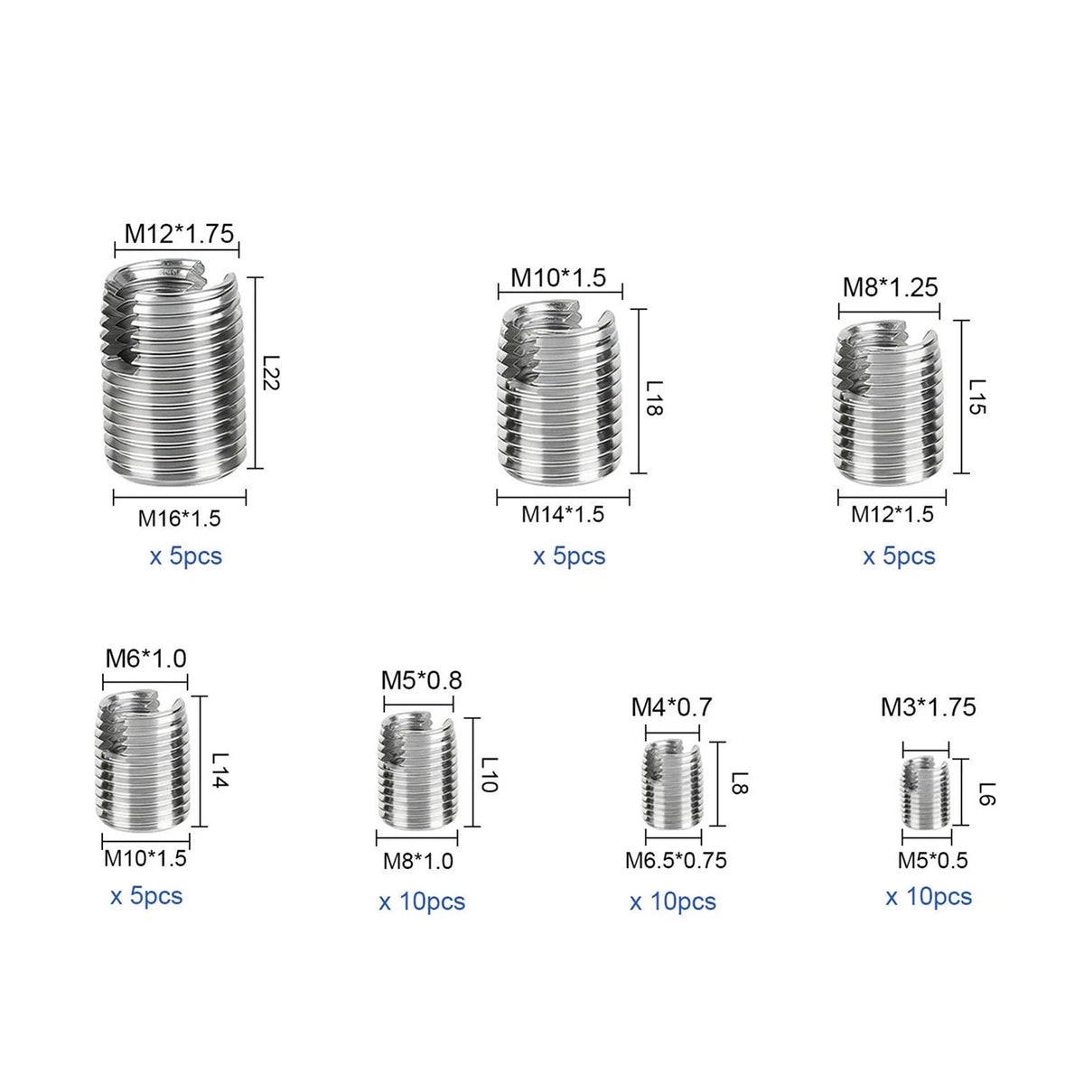 50PCS Stainless Steel Self-Tapping Thread Inserts M3-M16 For Damaged Threads