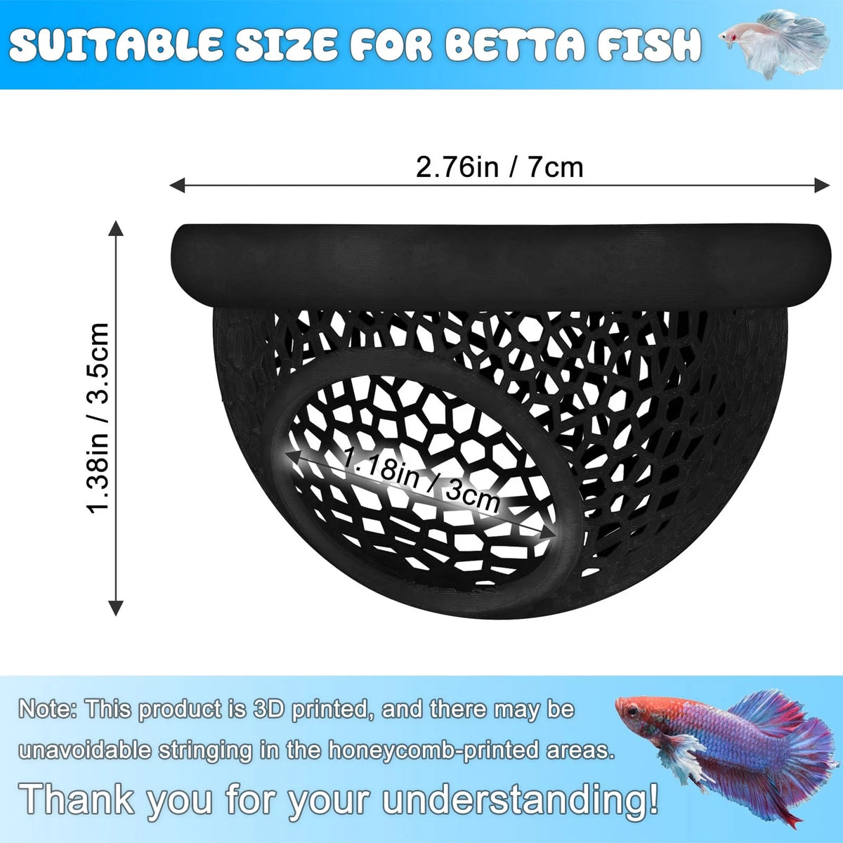 Floating Betta Hide & Shrimp Cave – 3D Printed Aquarium Decor, Black