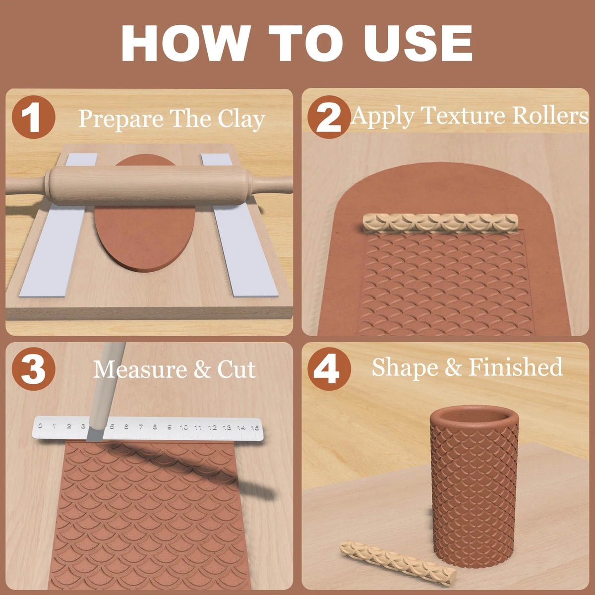 Hokkieam Clay Texture Rollers | 10-Pack Polymer Latte Brown