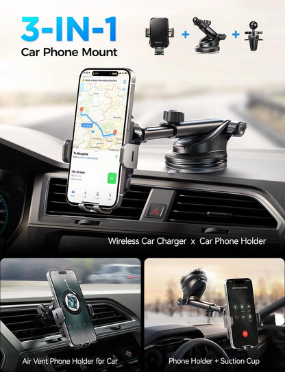 CHGeek Wireless Car Charger with Phone Holder Mount, 15W Fast Normal, Black