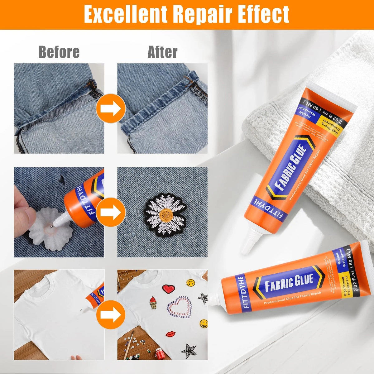 FITTDYHE Fabric Glue Permanent, 60 ML Washable Clear Clothing 60ML,