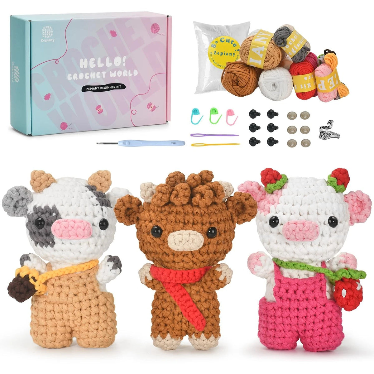 Zepiany Crochet Kit for Beginners 3 PCS Amigurumi Animal Cows cow kit