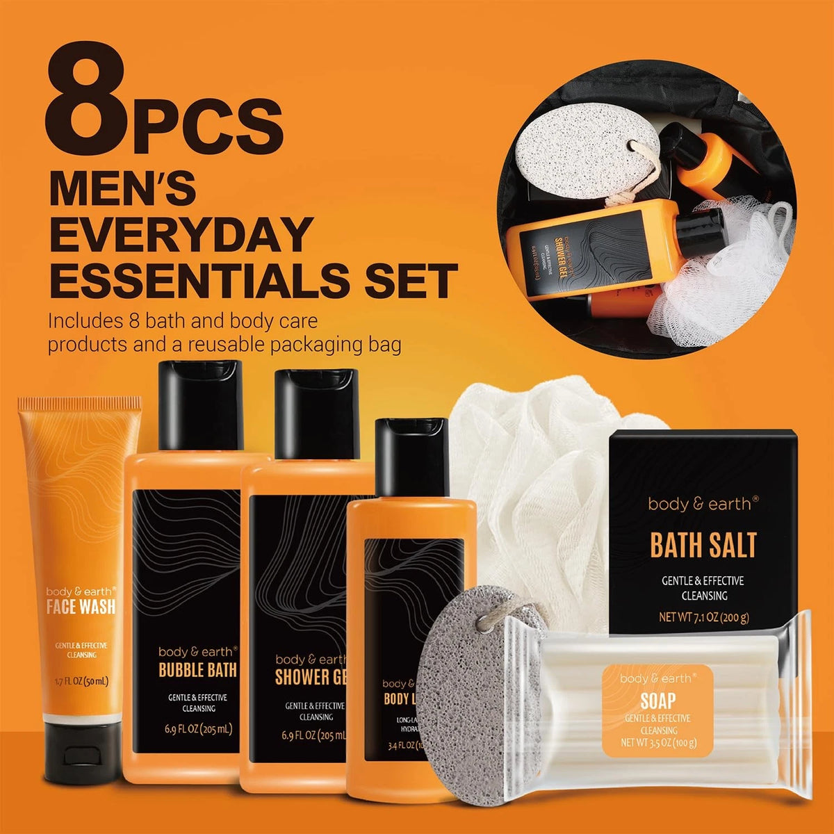 Body & Earth Cirtus 8pc Spa Gifts for Men Baskets 9 Piece Set, Citrus