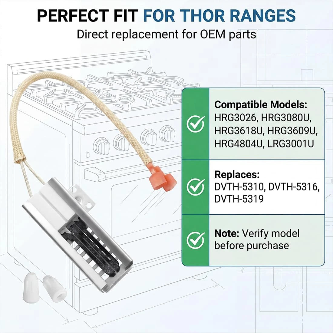 NR038KX  Upgraded Gas Range Oven Ignitor Compatible with Thor, HRG3026...