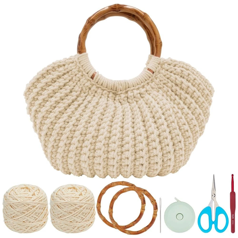 ACRNIGHEET Crochet Bag Kit 5.5 x 7.87 x 3.14 inches, Oat+bamboo shaped handle