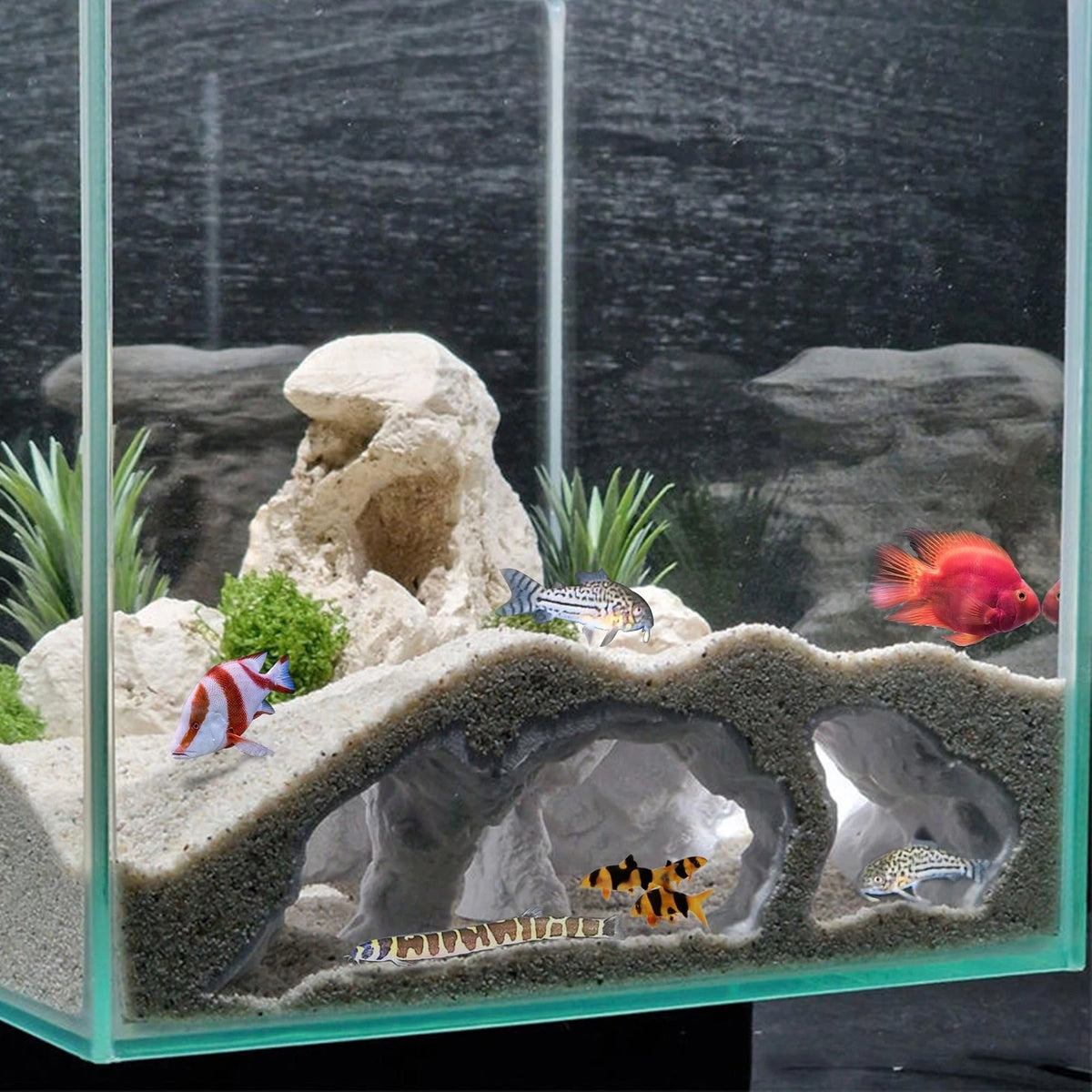 LIYAOLI Aquarium Cave Tunnel 3D Printed - Fish Tank Medium, Grey - 01