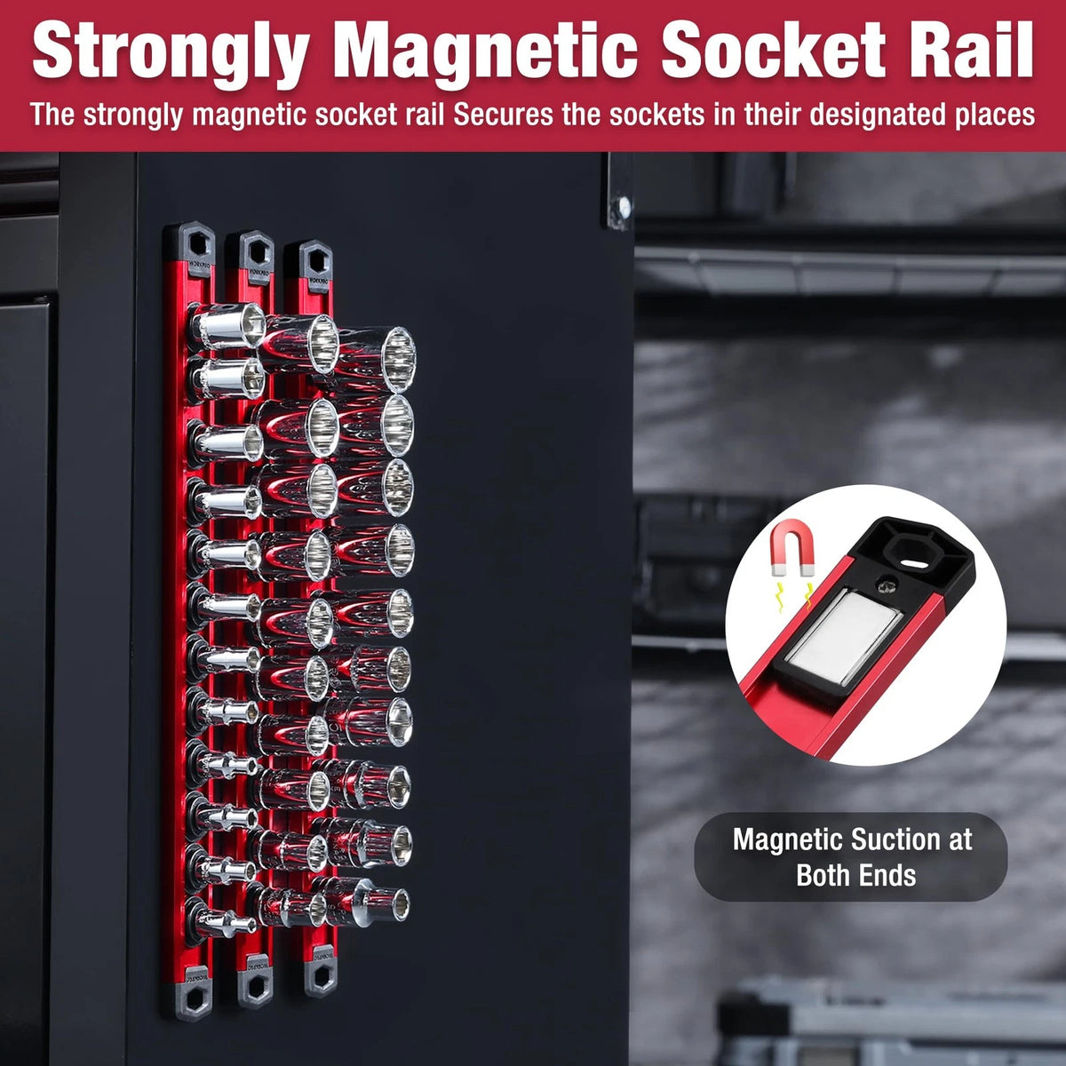 WORKPRO Magnetic Socket Organizer, 3/8-Inch Drive Aluminum Alloy 3/8" DR, Red