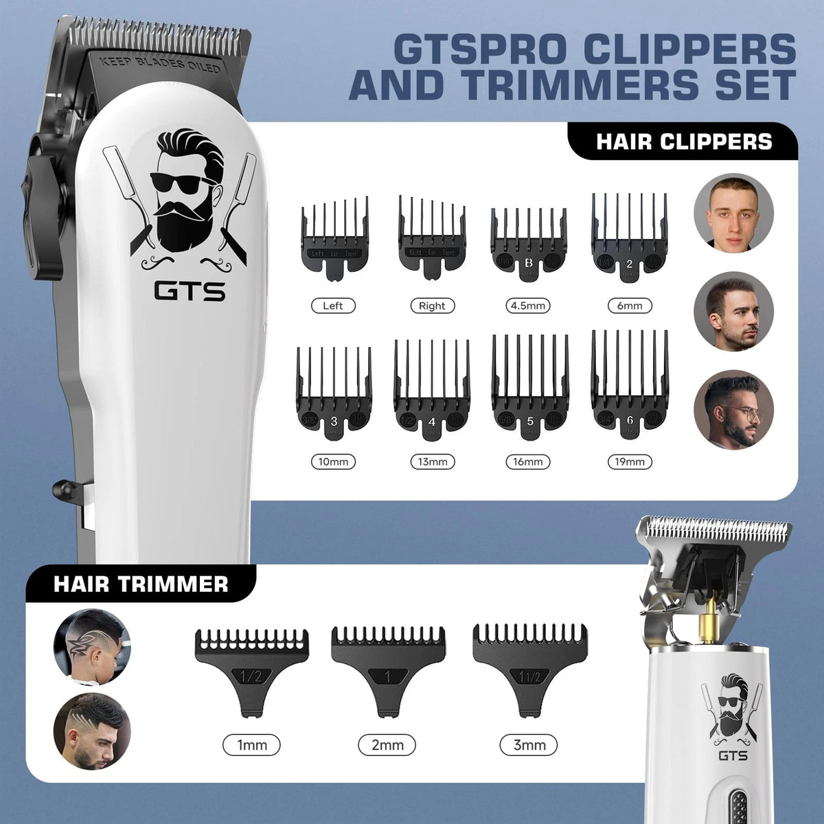 GTSPro Hair Clippers for Men, and Trimmers Set, Barber Human-white