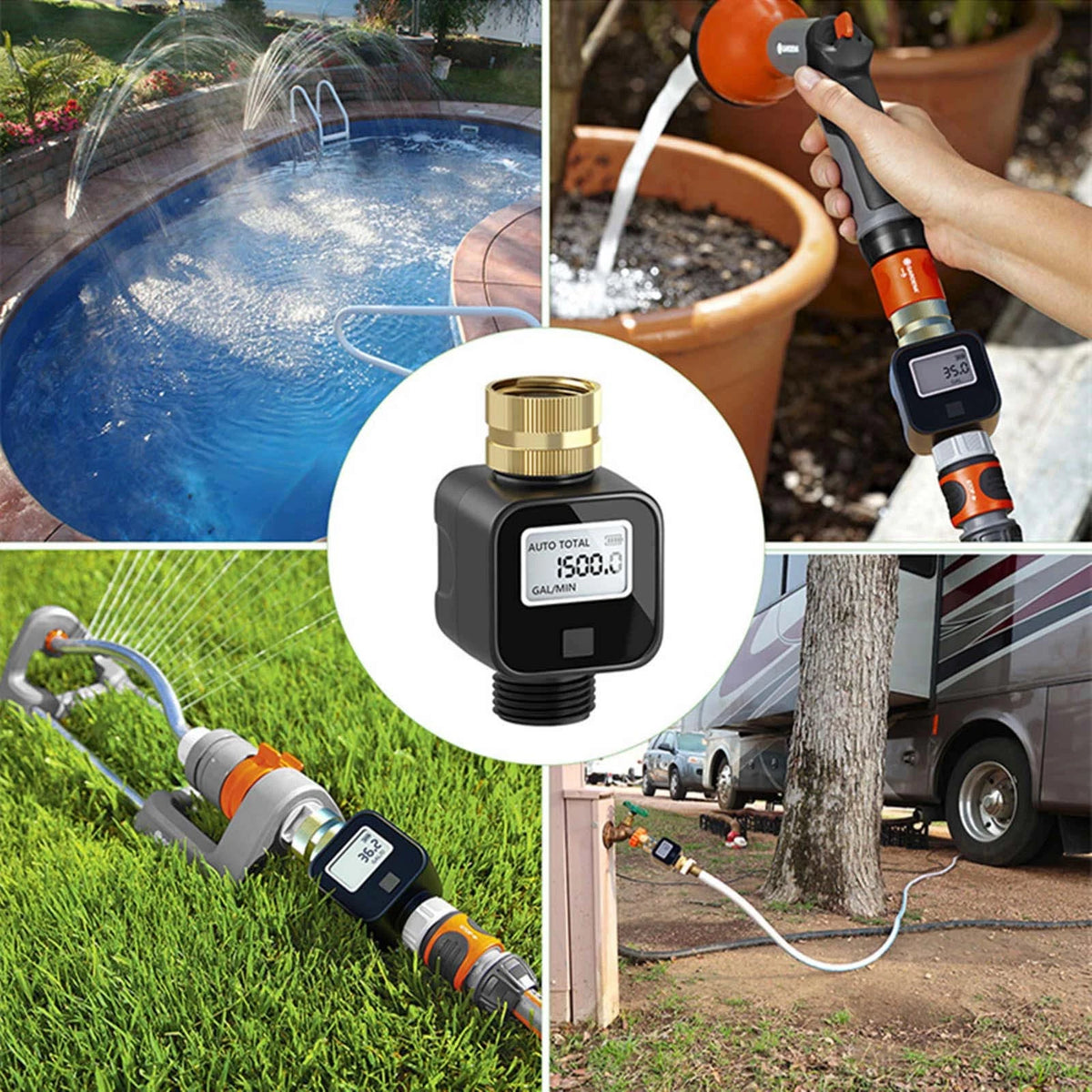 Water Flow Meter Digital 3/4 GHT For Outdoor Hose 99999L Total Flow LCD Screen