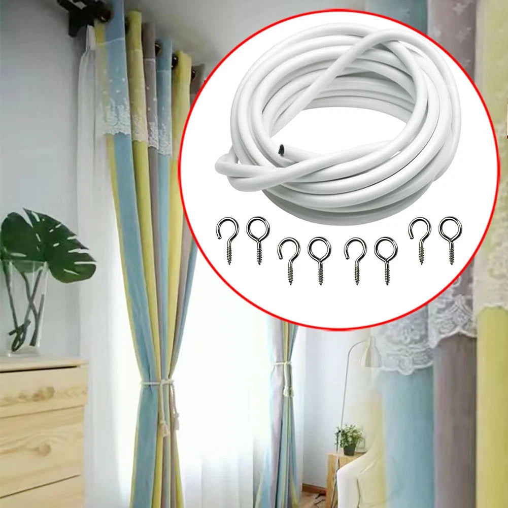 3m White Expanding Wire Cord Cable w/ 4 Hooks & 4 Eyes For Light Weight Curtain/