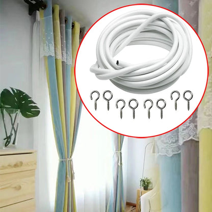 3m White Expanding Wire Cord Cable w/ 4 Hooks & 4 Eyes For Light Weight Curtain/