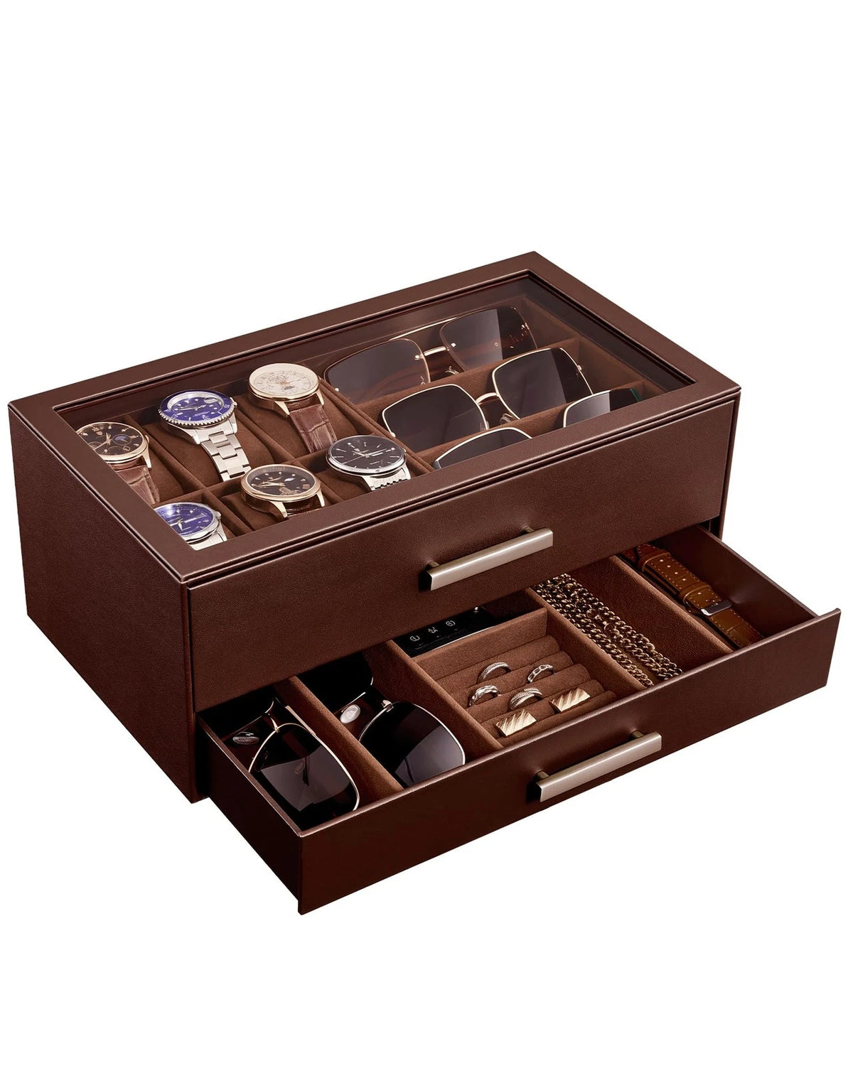 ProCase Mens Jewelry Box Pull-Out Drawer, 6 Slot Watch Case & 5 Espresso