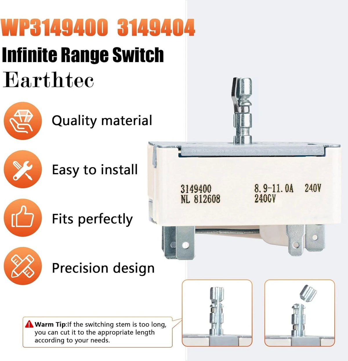 3149400 WP3148954 Range Burner Infinite Control Surface Element Unit Switch...